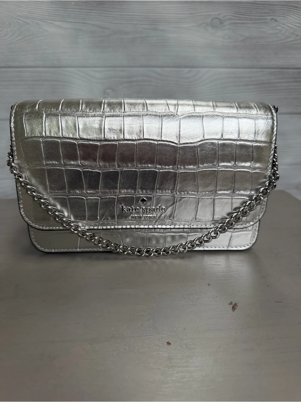 kate spade Metallic Silver Croc-Embossed Chain Crossbody Bag
